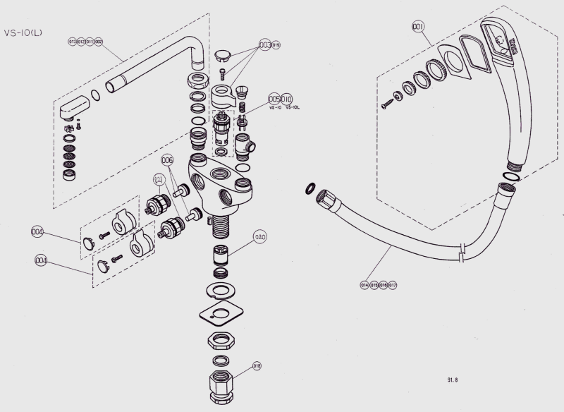 ハウステックのカベピタ専用浴槽用水栓VS-10　部品展開図